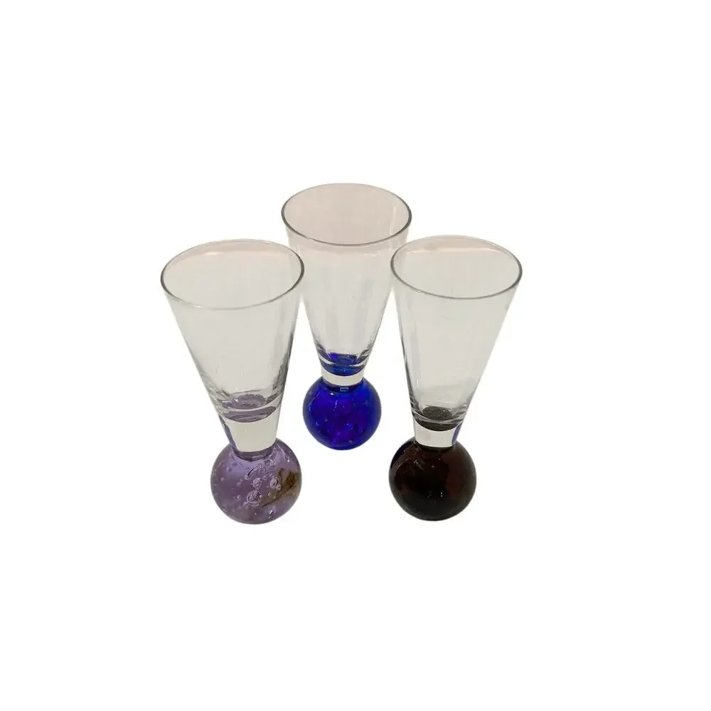 Vtg MCM Set of 3 Cordial Shot Glasses Air Bubble Colored Ball Bottom Bases 4.5 